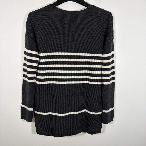 Gap Cozy Wool Blend Waffle Black White Striped V Neck Tunic Sweater Top Medium - Picture 6 of 9